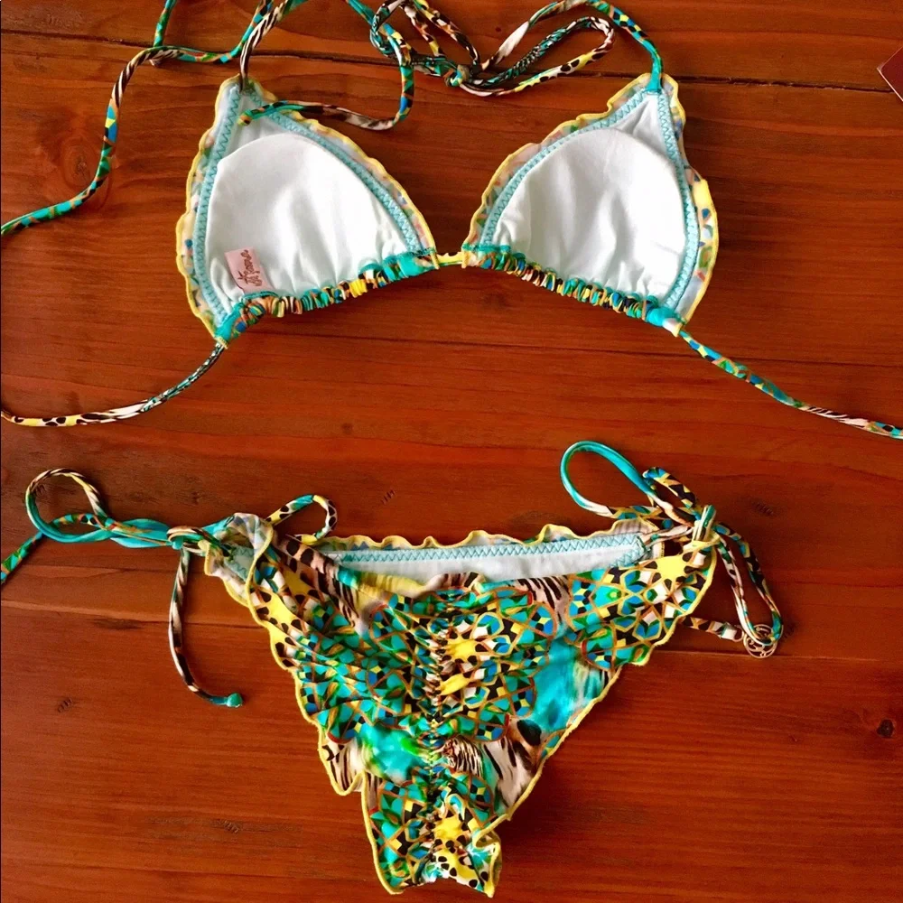 Luli Fama Turquoise Yellow Multi-Color Triangle String Bikini - Picture 2 of 4
